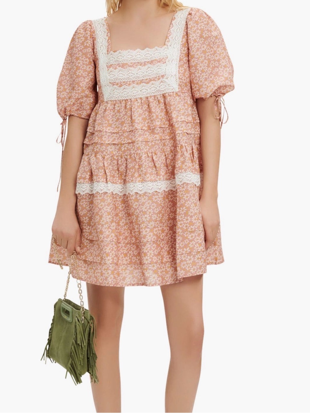 NWT Maje Pink Daisy Floral Lace Trim Babydoll Mini Dress Size 34 / US 2